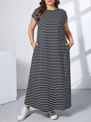 Ženska ležerna haljina plus size, jednobojna, sa okruglim izrezom, kratkim rukavima i džepom