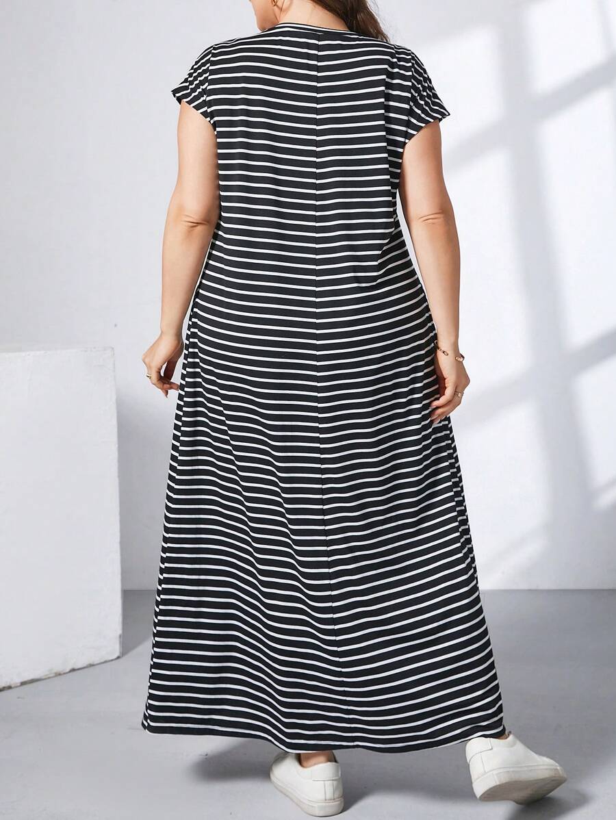 Ženska ležerna haljina plus size, jednobojna, sa okruglim izrezom, kratkim rukavima i džepom