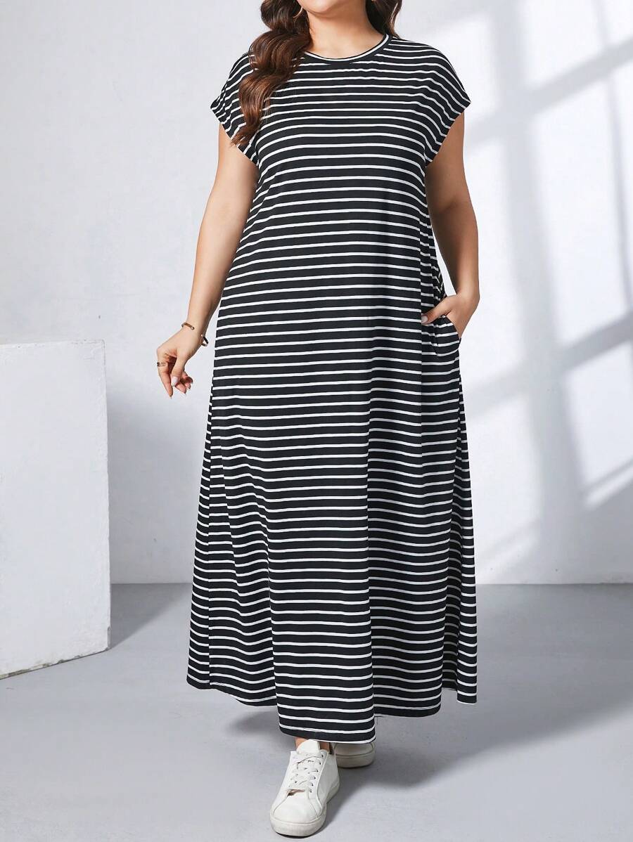 Ženska ležerna haljina plus size, jednobojna, sa okruglim izrezom, kratkim rukavima i džepom