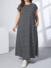 Ženska ležerna haljina plus size, jednobojna, sa okruglim izrezom, kratkim rukavima i džepom