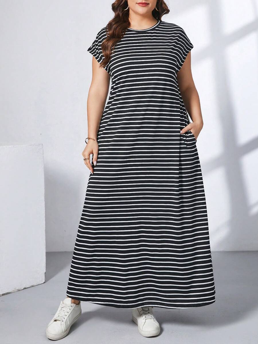 Ženska ležerna haljina plus size, jednobojna, sa okruglim izrezom, kratkim rukavima i džepom