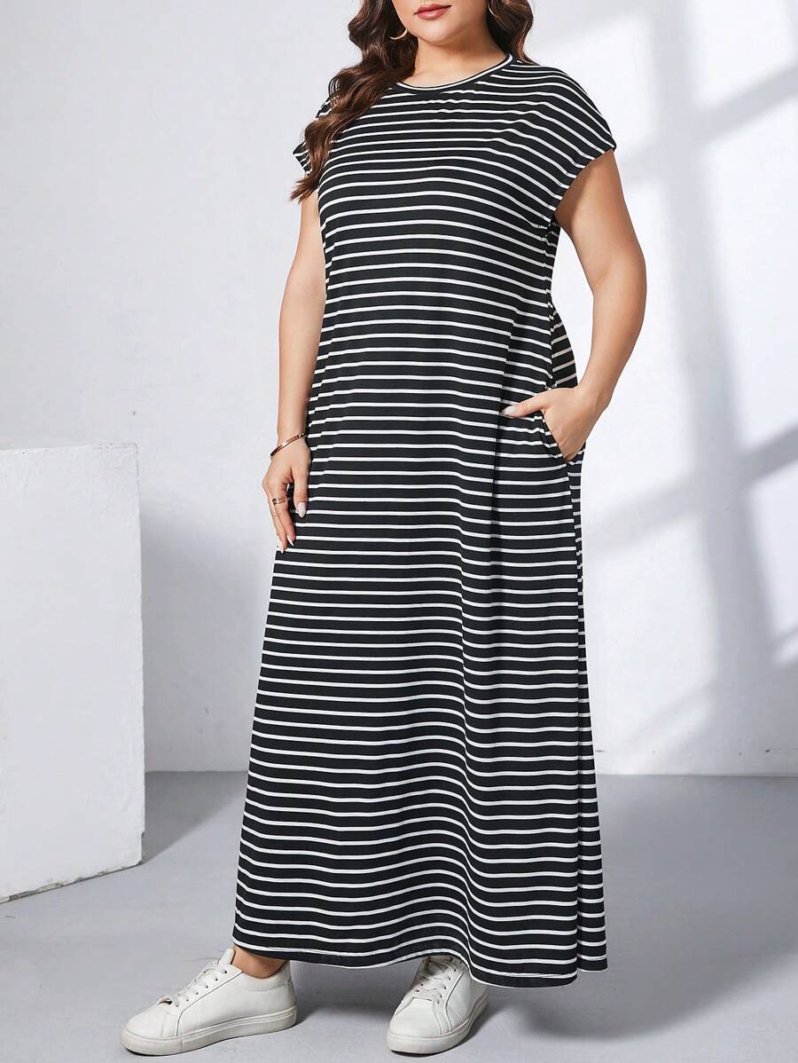 Ženska ležerna haljina plus size, jednobojna, sa okruglim izrezom, kratkim rukavima i džepom
