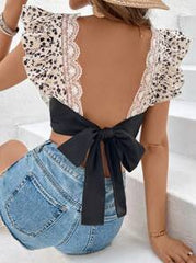 SHEIN Frenchy Women's Beige Summer Boho Holiday Tea Party Holiday Ditsy Floral Contrast Lace Trim Tie-Front Backless Ruffle Blouse,Cap Sleeves,Square Collar Blouse
