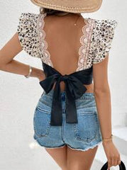 SHEIN Frenchy Women's Beige Summer Boho Holiday Tea Party Holiday Ditsy Floral Contrast Lace Trim Tie-Front Backless Ruffle Blouse,Cap Sleeves,Square Collar Blouse