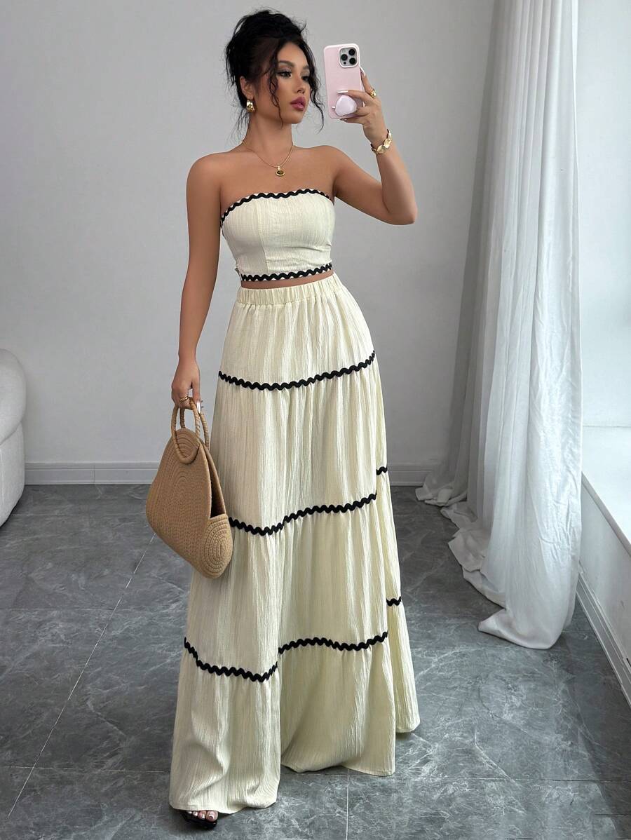 2kom/Set Ženski Elegantan Skraćeni Bandeau Top i Suknja
