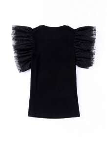 Acelitt Summer Simple Solid Color Mesh Ruched Hem Patchwork Crew Neck Pullover Blouse, Casual Everyday Wear Black