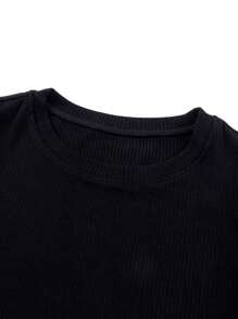 Acelitt Summer Simple Solid Color Mesh Ruched Hem Patchwork Crew Neck Pullover Blouse, Casual Everyday Wear Black