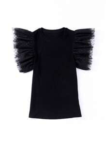 Acelitt Summer Simple Solid Color Mesh Ruched Hem Patchwork Crew Neck Pullover Blouse, Casual Everyday Wear Black