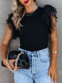 Acelitt Summer Simple Solid Color Mesh Ruched Hem Patchwork Crew Neck Pullover Blouse, Casual Everyday Wear Black