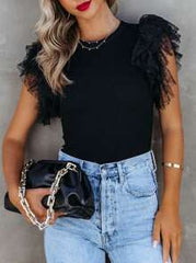 Acelitt Summer Simple Solid Color Mesh Ruched Hem Patchwork Crew Neck Pullover Blouse, Casual Everyday Wear Black