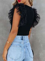 Acelitt Summer Simple Solid Color Mesh Ruched Hem Patchwork Crew Neck Pullover Blouse, Casual Everyday Wear Black