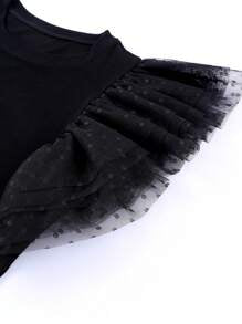 Acelitt Summer Simple Solid Color Mesh Ruched Hem Patchwork Crew Neck Pullover Blouse, Casual Everyday Wear Black