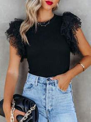 Acelitt Summer Simple Solid Color Mesh Ruched Hem Patchwork Crew Neck Pullover Blouse, Casual Everyday Wear Black