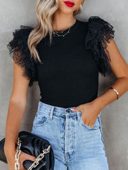 Acelitt Summer Simple Solid Color Mesh Ruched Hem Patchwork Crew Neck Pullover Blouse, Casual Everyday Wear Black