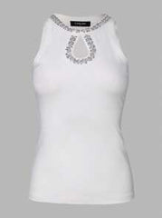 ChicMe Rhinestone Contrast Color Sequin Hollow Out Sleeveless Fitted Ribbed Knit Tank Top, Elegant Women Casual White Summer
