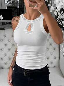 ChicMe Rhinestone Contrast Color Sequin Hollow Out Sleeveless Fitted Ribbed Knit Tank Top, Elegant Women Casual White Summer