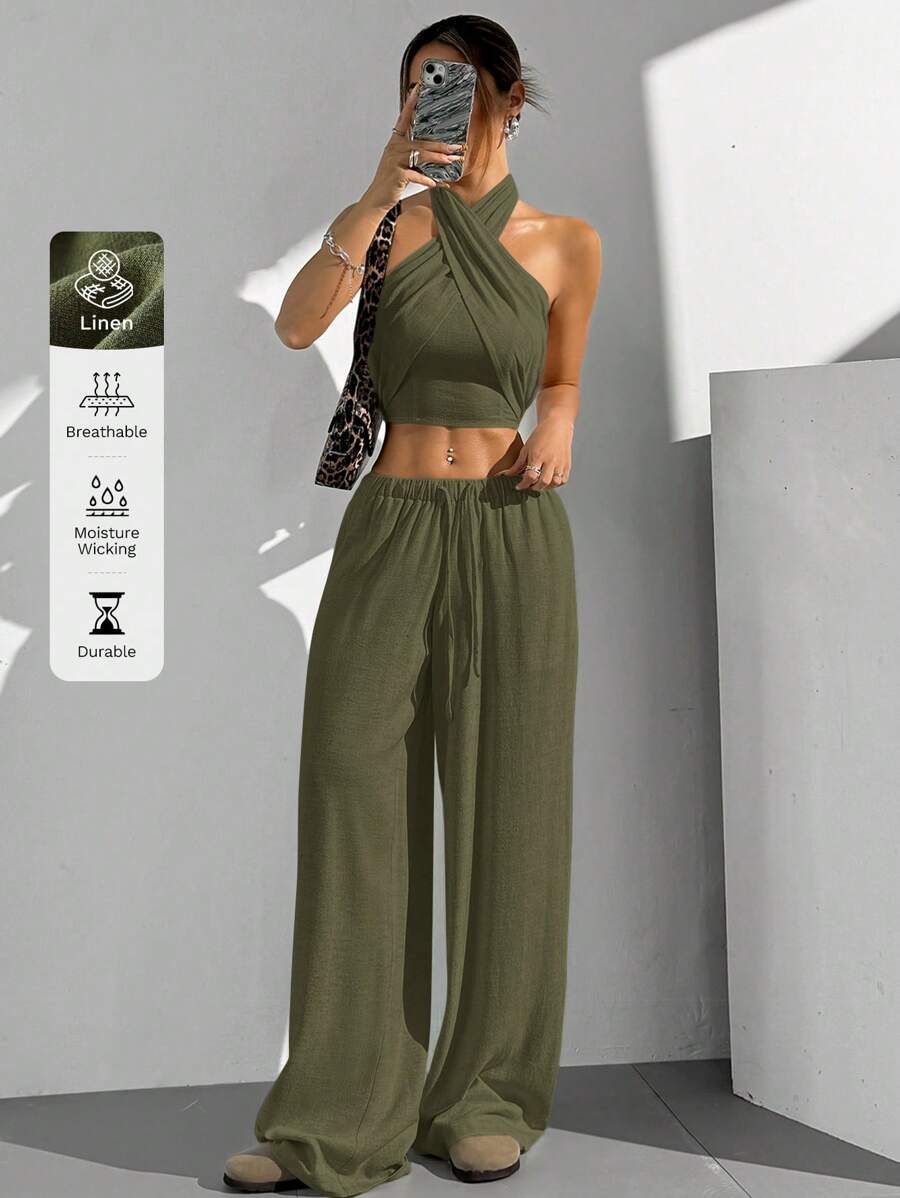 Laneni 2 kom/Set Žene Top  sa halter dekolteom i duge pantalone sa vezicom