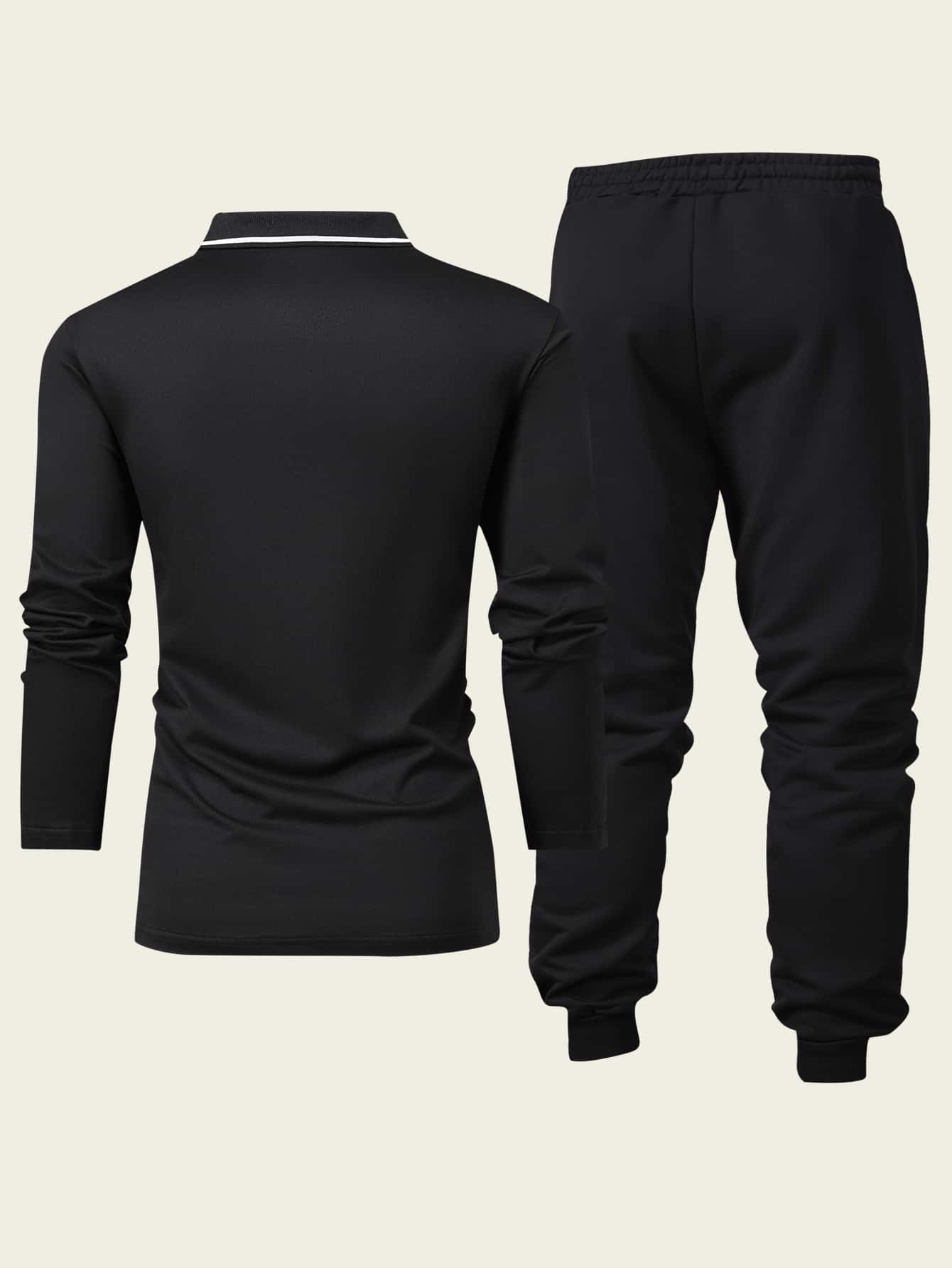 Muški set od 2 komada: polo majica dugih rukava sa printom konja, uparena sa crnim sportskim pantalonama