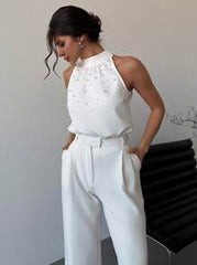 Firerie Women's Elegant White Summer Formal Sleeveless Pearl Decor Neck Tie Fitted Blouse