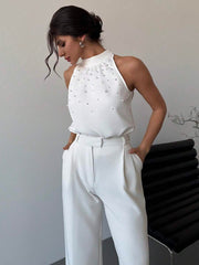 Firerie Women's Elegant White Summer Formal Sleeveless Pearl Decor Neck Tie Fitted Blouse