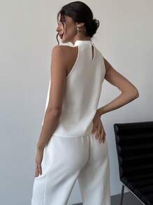 Firerie Women's Elegant White Summer Formal Sleeveless Pearl Decor Neck Tie Fitted Blouse