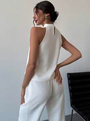 Firerie Women's Elegant White Summer Formal Sleeveless Pearl Decor Neck Tie Fitted Blouse