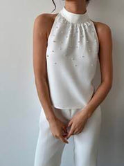 Firerie Women's Elegant White Summer Formal Sleeveless Pearl Decor Neck Tie Fitted Blouse