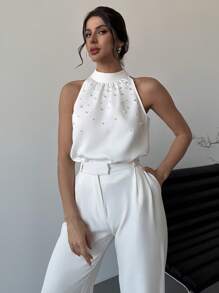 Firerie Women's Elegant White Summer Formal Sleeveless Pearl Decor Neck Tie Fitted Blouse
