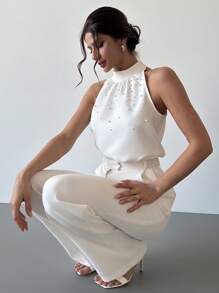 Firerie Women's Elegant White Summer Formal Sleeveless Pearl Decor Neck Tie Fitted Blouse