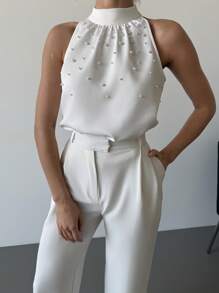 Firerie Women's Elegant White Summer Formal Sleeveless Pearl Decor Neck Tie Fitted Blouse