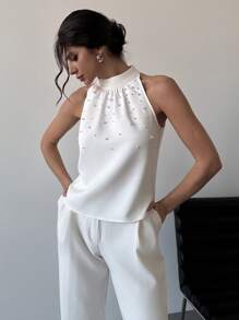Firerie Women's Elegant White Summer Formal Sleeveless Pearl Decor Neck Tie Fitted Blouse