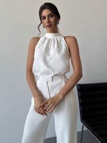 Firerie Women's Elegant White Summer Formal Sleeveless Pearl Decor Neck Tie Fitted Blouse