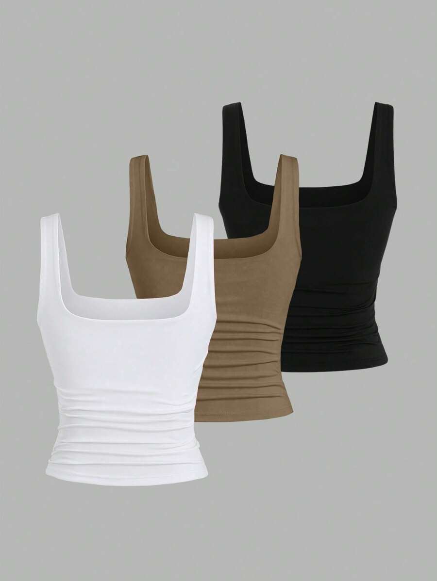 Sweetra Ženska Letnja Majica – Kvadratni Izrez, Nabran Slim Fit Casual Top