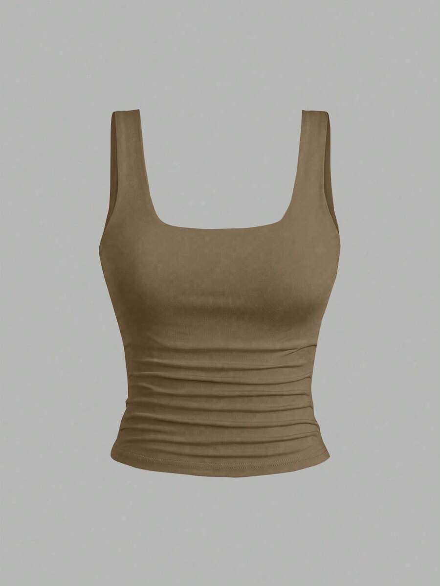 Sweetra Ženska Letnja Majica – Kvadratni Izrez, Nabran Slim Fit Casual Top