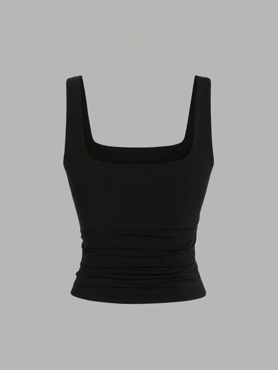 Sweetra Ženska Letnja Majica – Kvadratni Izrez, Nabran Slim Fit Casual Top