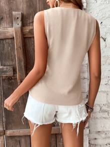 Breezaya Women's Solid V-Neck Sleeveless Twist Detail Casual Shirt