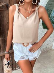 Breezaya Women's Solid V-Neck Sleeveless Twist Detail Casual Shirt