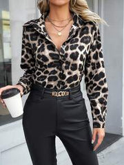 Women's Casual Long Sleeve Leopard Print Collar Button Shirt, Suitable For Spring And Autumn