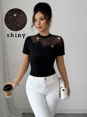 Elenzga Women's Summer Elastic Fitted Crewneck Short Sleeve T-Shirt With Sequins, Mesh Splicing, And Hollow Design, Sexy And Fashionable Casual