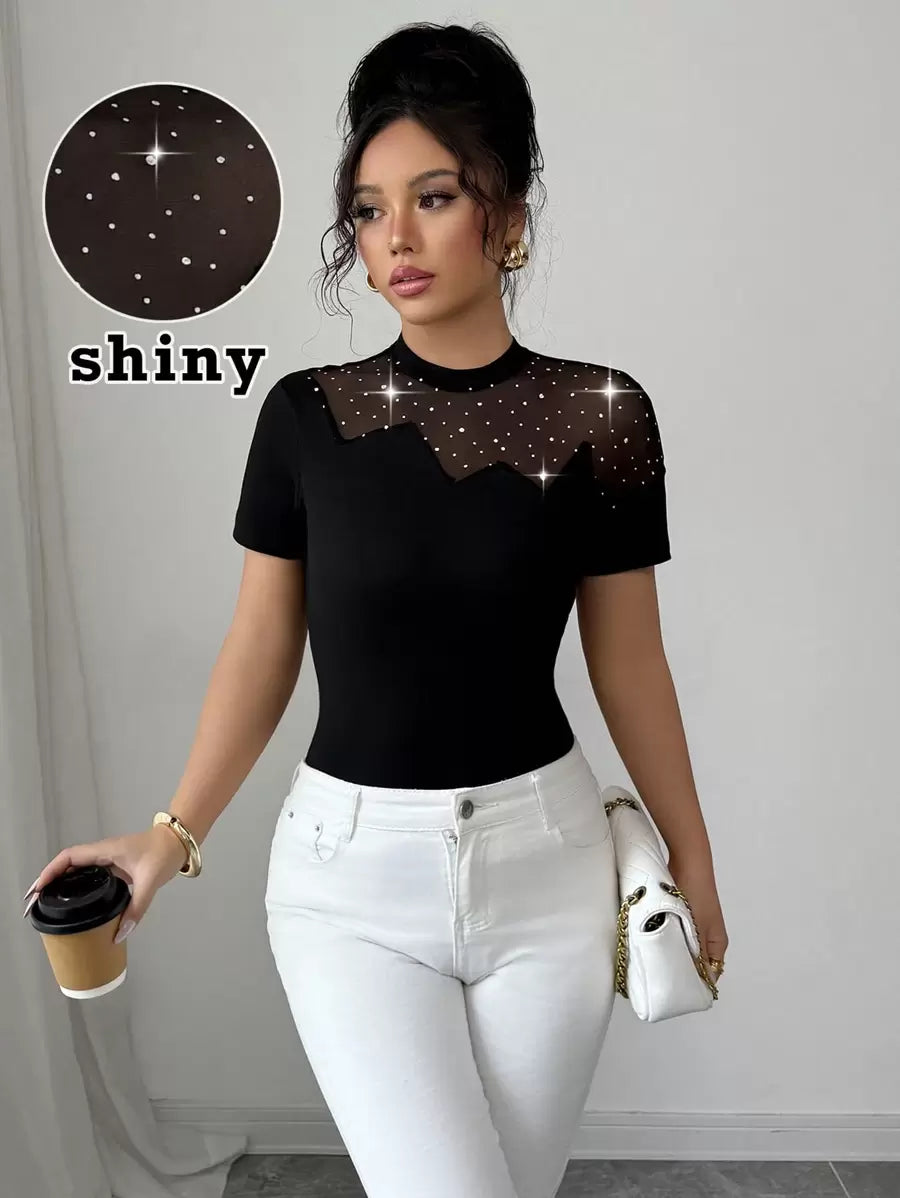 Elenzga Women's Summer Elastic Fitted Crewneck Short Sleeve T-Shirt With Sequins, Mesh Splicing, And Hollow Design, Sexy And Fashionable Casual