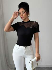 Elenzga Women's Summer Elastic Fitted Crewneck Short Sleeve T-Shirt With Sequins, Mesh Splicing, And Hollow Design, Sexy And Fashionable Casual