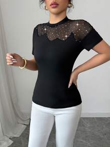 Elenzga Women's Summer Elastic Fitted Crewneck Short Sleeve T-Shirt With Sequins, Mesh Splicing, And Hollow Design, Sexy And Fashionable Casual