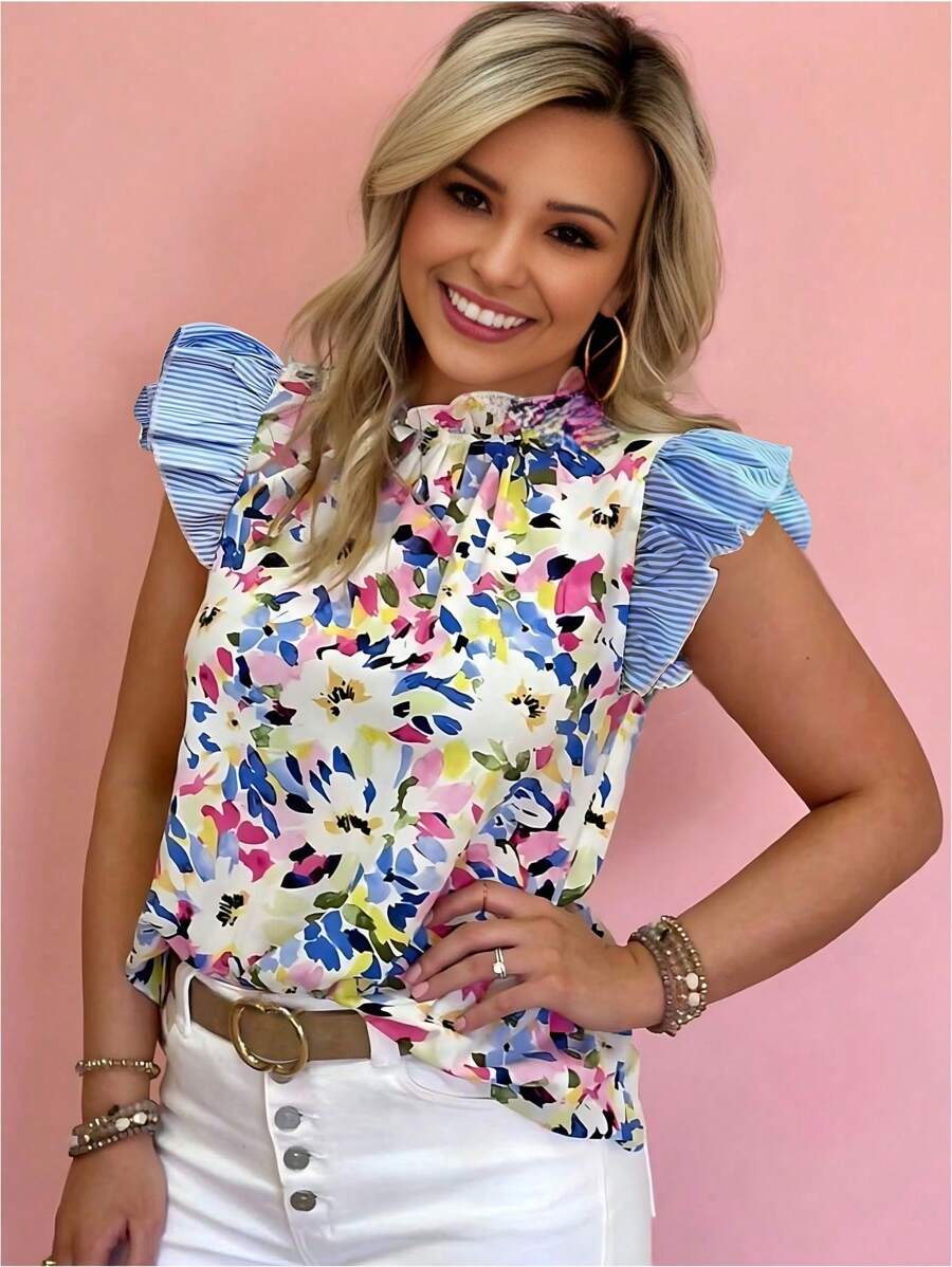 SHEIN Clasi Women's Cute White Floral Summer Brunch Camouflage Flower Print Stitching Blue Stripe Design Flying Sleeves Small Ruffle Short-Sleeved Shirt Gyaru