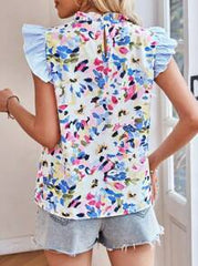 SHEIN Clasi Women's Cute White Floral Summer Brunch Camouflage Flower Print Stitching Blue Stripe Design Flying Sleeves Small Ruffle Short-Sleeved Shirt Gyaru