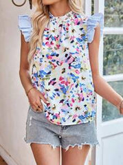 SHEIN Clasi Women's Cute White Floral Summer Brunch Camouflage Flower Print Stitching Blue Stripe Design Flying Sleeves Small Ruffle Short-Sleeved Shirt Gyaru