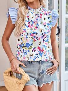 SHEIN Clasi Women's Cute White Floral Summer Brunch Camouflage Flower Print Stitching Blue Stripe Design Flying Sleeves Small Ruffle Short-Sleeved Shirt Gyaru