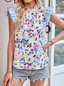 SHEIN Clasi Women's Cute White Floral Summer Brunch Camouflage Flower Print Stitching Blue Stripe Design Flying Sleeves Small Ruffle Short-Sleeved Shirt Gyaru