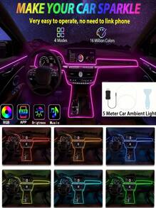 196 Inch Car Interior LED Light Strip USB Powered RGB Ambient Light Set, With APP Control Fiber Optic And Music Sync Rhythm, Suitable For Car Doors, Console And Dashboard (Remote Control Not Included)