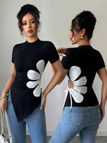 Rafferiza Elegant Round Neck Asymmetrical Hem Black & White Floral Decor Drawstring Women T-Shirt
