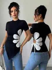 Rafferiza Elegant Round Neck Asymmetrical Hem Black & White Floral Decor Drawstring Women T-Shirt